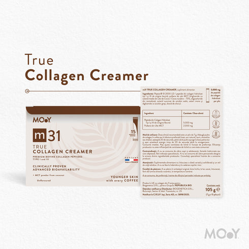 m31 True collagen creamer, colagen hidrolizat bovin premium monodoza, dovedit clinic, beauty, 5.000mg, tip I si III, fara aroma, 15 plicuri, 105 g, Molecules of Youth, natural